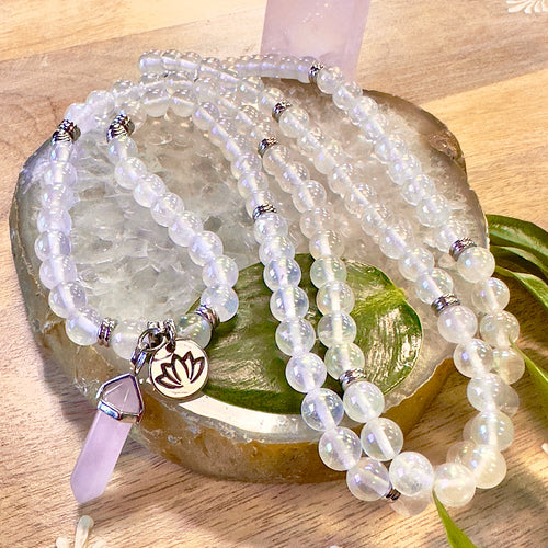 NEW! 🪽 Angel Aura Rose Quartz Love & Light Worker Imprint Blockage Removal & Alchemically Bond 108 Mala Necklace Bracelet