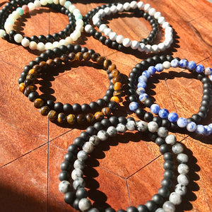 Labradorite Larvakite & Black Onyx Couples Bracelet 6mm Stretch Matching Set