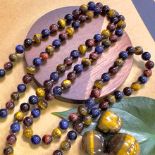 Load image into Gallery viewer, Limited Edition Triple Power Red Tigers Eye Blue Tigers Eye and Yellow Tigers Eye 108 Hand Knotted Mala with Point Charm Pendant Necklace
