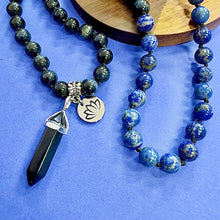 Load image into Gallery viewer, NEW!! Only 5! Maddox&#39;s Power of the Hawk Psychic Attack Protection &amp; Inner Child Magic Hawk Eye Lapis Lazuli Shungite 108 Hand Knotted Mala with Point Charm Pendant Necklace