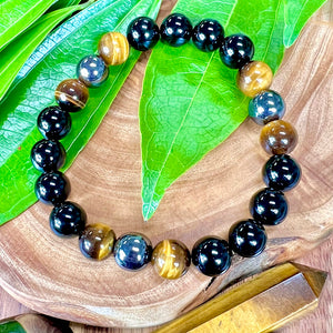 NEW! Divine Masculine Ancestral Healing & Protection Black Onyx Tigers Eye & Hematite 10mm Stretch Bracelet