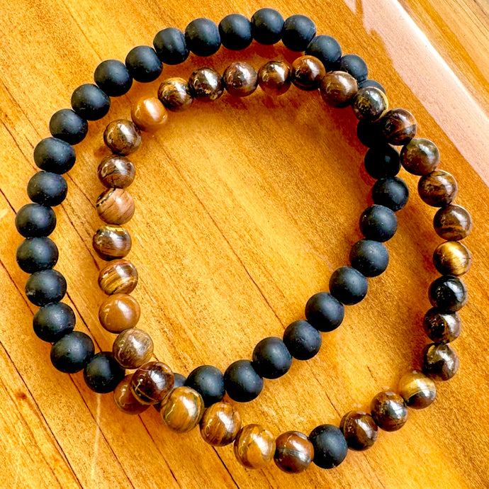 Tigers Eye & Black Onyx Couples Bracelet 6mm Stretch Matching Set