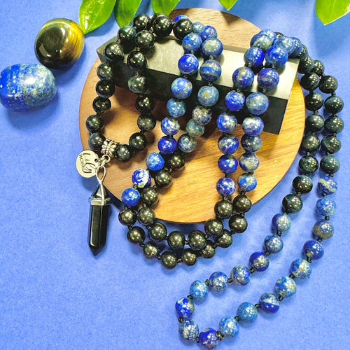 NEW!! Only 5! Maddox's Power of the Hawk Psychic Attack Protection & Inner Child Magic Hawk Eye Lapis Lazuli Shungite 108 Hand Knotted Mala with Point Charm Pendant Necklace