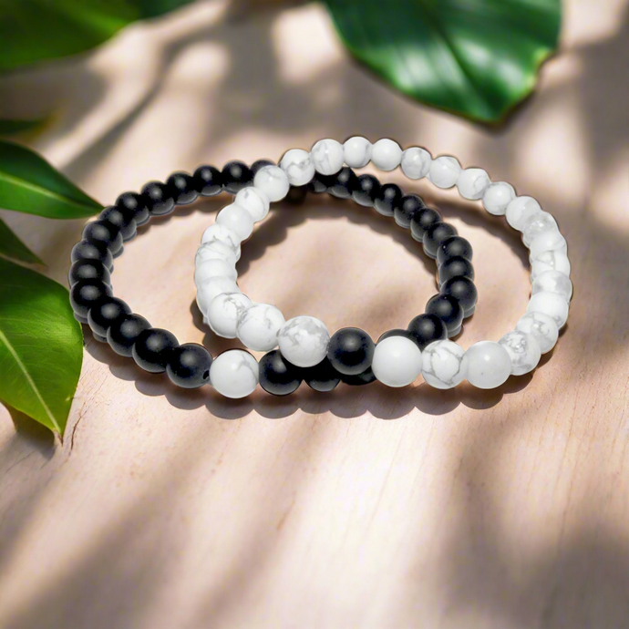 Howlite & Black Onyx Couples Bracelet 6mm Stretch Matching Set
