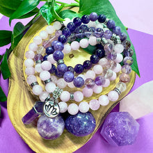 Load image into Gallery viewer, Ombre Collection The Crown Chakra Activation + Awakening of Divine Unity &amp; Cosmic Oneness Kunzite Super Seven Lepidolite Siberian Amethyst 108 Stretch Mala Necklace Bracelet