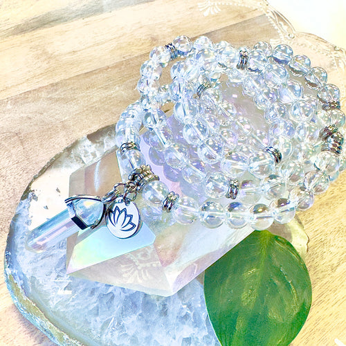 NEW! 🪽 Angel Aura Clear Quartz Light Worker Imprint Blockage Removal & Alchemically Bond 108 Mala Necklace Bracelet