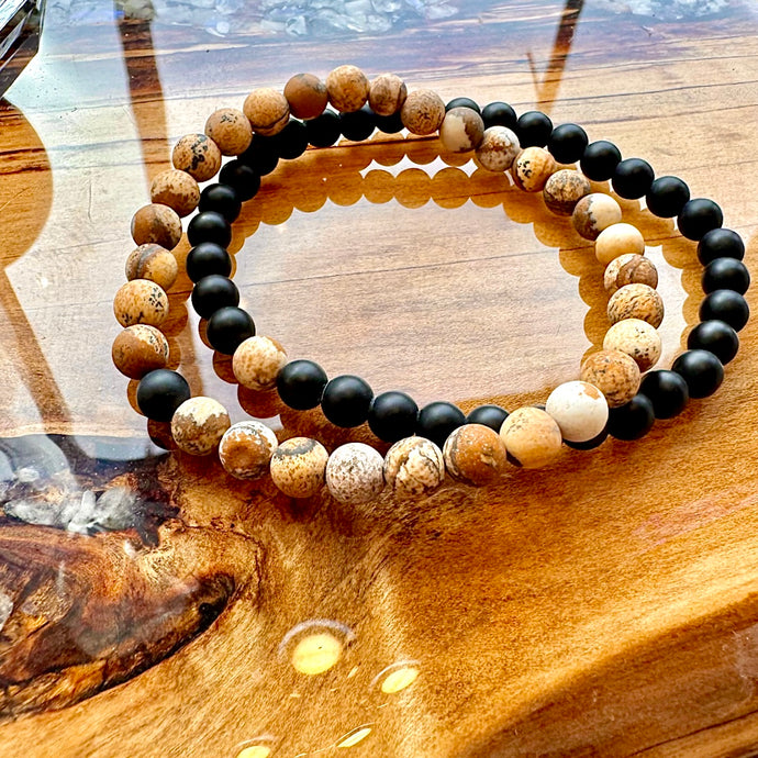 Picture Jasper & Black Onyx Couples Bracelet 6mm Stretch Matching Set