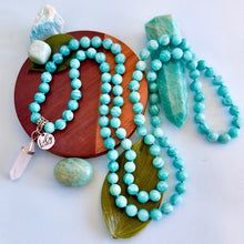 Load image into Gallery viewer, New &amp; Only 2! Super Limited! Peruvian Amazonite Deep Teal Divine Soul Protector &amp; DF/DM Energetic Alignment 108 Hand Knotted Mala with Point Charm Pendant Necklace