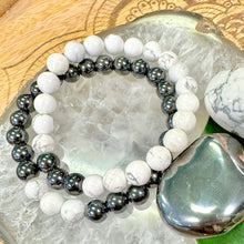 Load image into Gallery viewer, Magnetic Hematite &amp; Howlite ✨ Law of 3 Matching Gemstone Couples Unity &amp; Love 8mm Stretch Distance Bracelets