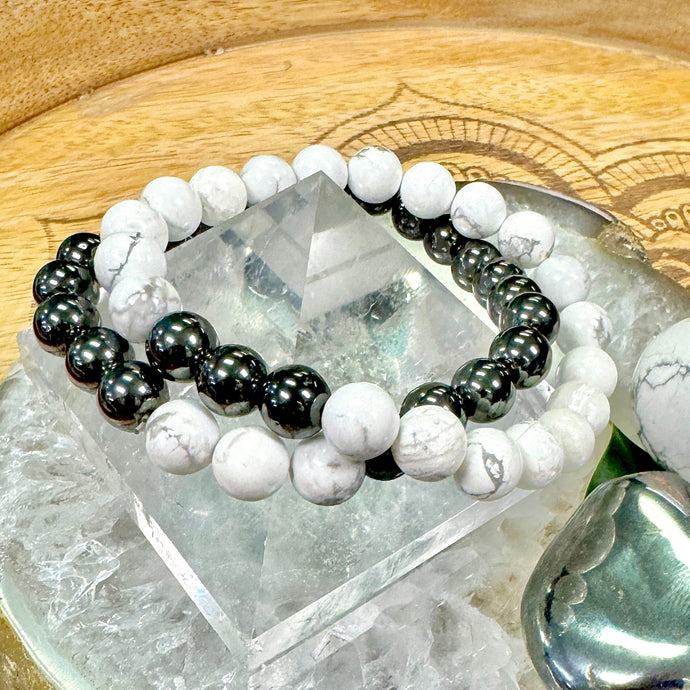 Magnetic Hematite & Howlite ✨ Law of 3 Matching Gemstone Couples Unity & Love 8mm Stretch Distance Bracelets