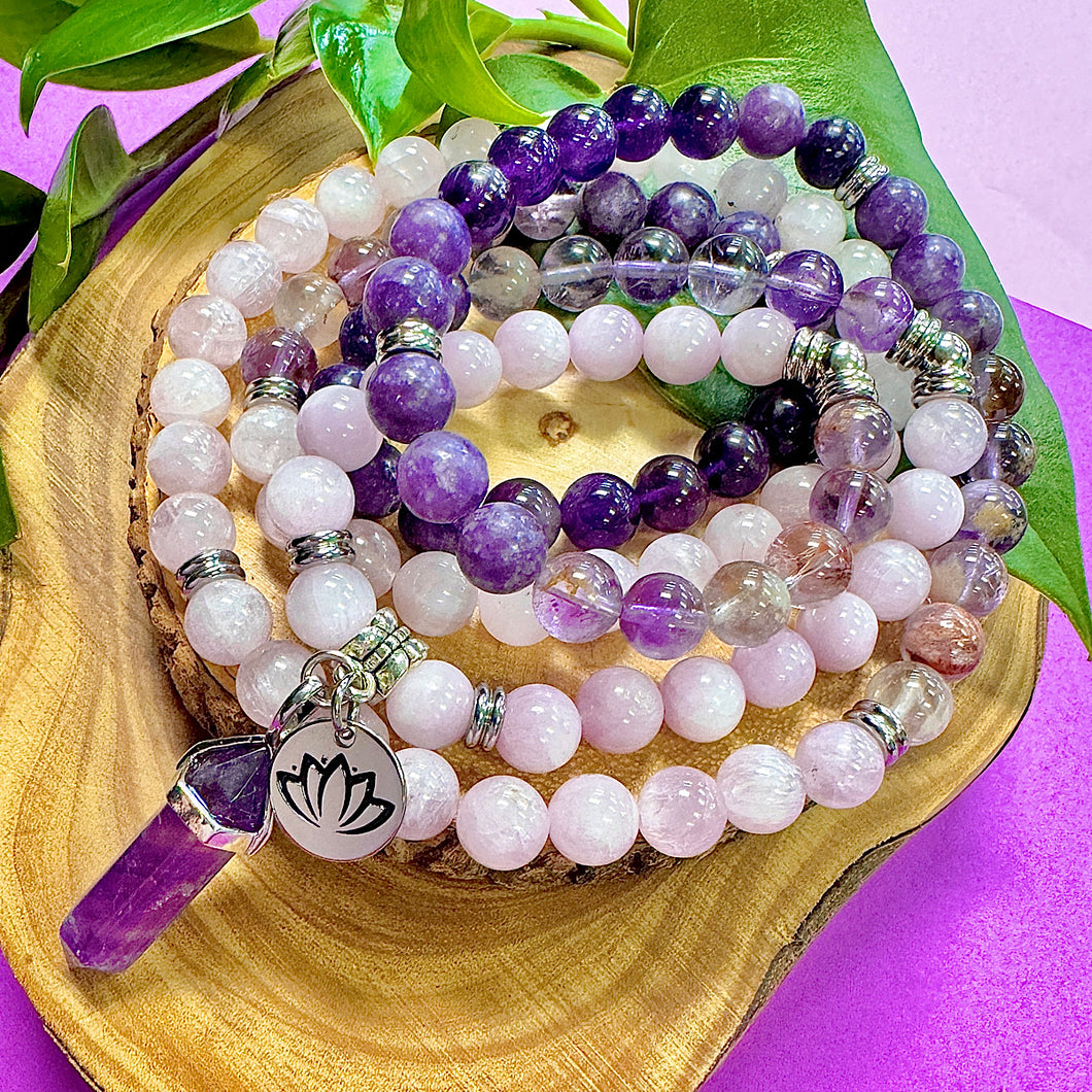 Ombre Collection The Crown Chakra Activation + Awakening of Divine Unity & Cosmic Oneness Kunzite Super Seven Lepidolite Siberian Amethyst 108 Stretch Mala Necklace Bracelet