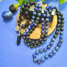 Load image into Gallery viewer, NEW!! Only 5! Maddox&#39;s Power of the Hawk Psychic Attack Protection &amp; Inner Child Magic Hawk Eye Lapis Lazuli Shungite 108 Hand Knotted Mala with Point Charm Pendant Necklace