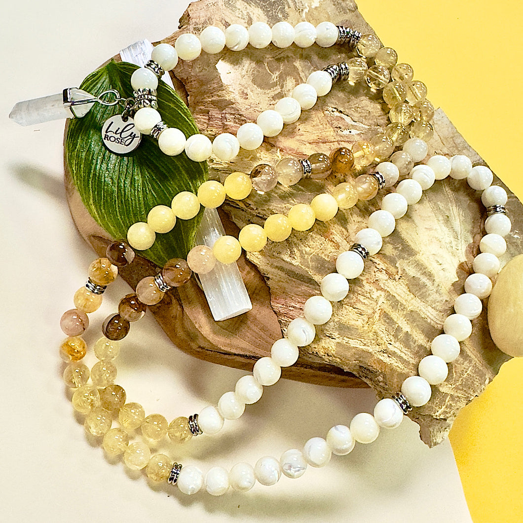 Ombre Collection The Solar Plexus Chakra Purpose, Confidence & Authentic Manifestation Mother of Pearl Citrine Honey Calcite Golden Healer 108 Stretch Mala Necklace Bracelet