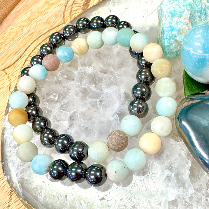 Magnetic Hematite & Matte Amazonite ✨ Law of 3 Matching Gemstone Couples Unity & Love 8mm Stretch Distance Bracelets