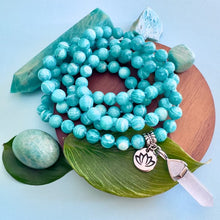 Load image into Gallery viewer, New &amp; Only 2! Super Limited! Peruvian Amazonite Deep Teal Divine Soul Protector &amp; DF/DM Energetic Alignment 108 Hand Knotted Mala with Point Charm Pendant Necklace