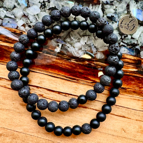 Lava & Black Onyx Couples Bracelet 6mm Stretch Matching Set