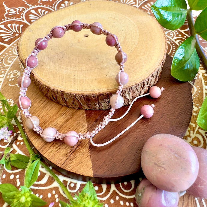 NEW! Rhodonite Emotional Stability, Forgiveness & Self Love Woven Inner Strength Collection Nylon Braided Adjustable 6mm Bead Bracelet