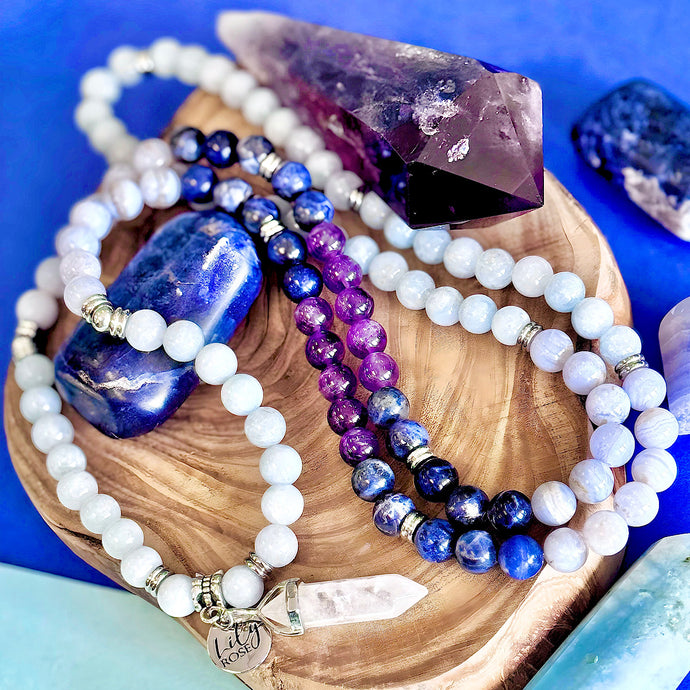 Ombre Collection Third Eye Chakra Detoxifying & Activating Pineal Gland for Psychic Realms Aquamarine Blue Lace Agate Sodalite Brazilian Amethyst 108 Stretch Mala Necklace Bracelet