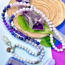 Load image into Gallery viewer, Ombre Collection Third Eye Chakra Detoxifying &amp; Activating Pineal Gland for Psychic Realms Aquamarine Blue Lace Agate Sodalite Brazilian Amethyst 108 Stretch Mala Necklace Bracelet