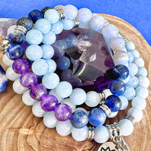 Load image into Gallery viewer, Ombre Collection Third Eye Chakra Detoxifying &amp; Activating Pineal Gland for Psychic Realms Aquamarine Blue Lace Agate Sodalite Brazilian Amethyst 108 Stretch Mala Necklace Bracelet