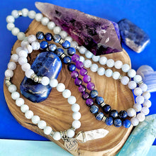 Load image into Gallery viewer, Ombre Collection Third Eye Chakra Detoxifying &amp; Activating Pineal Gland for Psychic Realms Aquamarine Blue Lace Agate Sodalite Brazilian Amethyst 108 Stretch Mala Necklace Bracelet