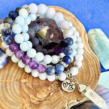 Load image into Gallery viewer, Ombre Collection Third Eye Chakra Detoxifying &amp; Activating Pineal Gland for Psychic Realms Aquamarine Blue Lace Agate Sodalite Brazilian Amethyst 108 Stretch Mala Necklace Bracelet