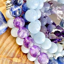 Load image into Gallery viewer, Ombre Collection Third Eye Chakra Detoxifying &amp; Activating Pineal Gland for Psychic Realms Aquamarine Blue Lace Agate Sodalite Brazilian Amethyst 108 Stretch Mala Necklace Bracelet