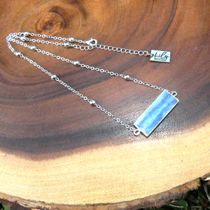 Modern Kyanite Horizontal Bar Pendant Choker 14" + 2" White Gold Necklace