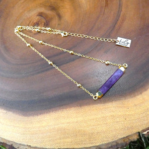 Minimalist Amethyst Rounded Bar Pendant Choker 14" + 2" Gold Necklace