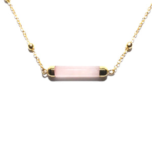Minimalist Rose Quartz Rounded Bar Pendant Choker 14" + 2" Gold Necklace