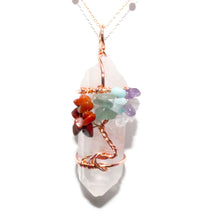 Load image into Gallery viewer, Tree of Life Wire Wrapped Rainbow Chakra Healing Crystal Clear Quartz Raw Pendant 30” Rose Gold Necklace