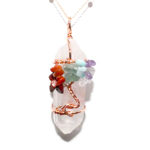 Tree of Life Wire Wrapped Rainbow Chakra Healing Crystal Clear Quartz Raw Pendant 30” Rose Gold Necklace