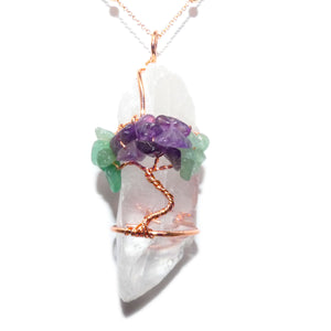 Tree of Life Wire Wrapped Amethyst Green Aventurine Healing Crystal Clear Quartz Raw Pendant 30” Rose Gold Necklace