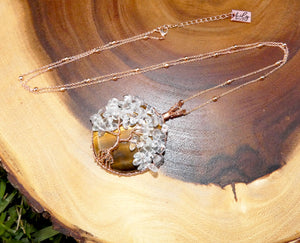 Tree of Life Tigers Eye Clear Quartz Wire Wrapped Healing Crystal Circle Pendant 30” Rose Gold Necklace