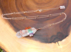 Tree of Life Wire Wrapped Rainbow Chakra Healing Crystal Clear Quartz Raw Pendant 30” Rose Gold Necklace