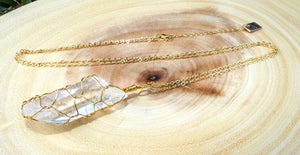 Basket Weave Wire Wrapped Crystal Clear Quartz Raw Pendant 30” Gold Necklace