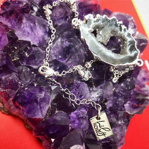 Inner Peace Druzy Quartz Geode Slice Pendant Choker 14" + 2" White Gold Necklace