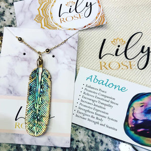 Natural Luxury Abalone Carved Feather XL Pendant 30” Gold Necklace