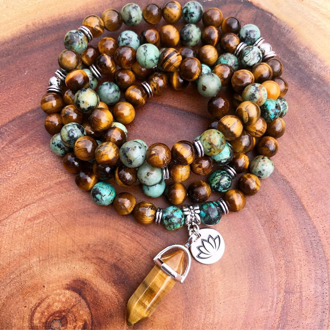 Tigers Eye & African Turquoise Duo Powerhouse Endless Possibilities 108 Mala Necklace Bracelet