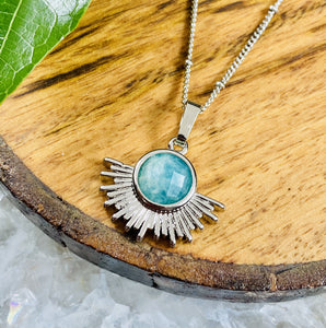 Amazonite Ray of Light Sunburst Courage Sun Pendant 18” White Gold Necklace