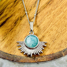 Load image into Gallery viewer, Amazonite Ray of Light Sunburst Courage Sun Pendant 18” White Gold Necklace