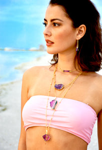 Ethereal Limited Amethyst Angel Wing Sliced Geode Pendant 18” Gold Necklace