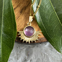 Load image into Gallery viewer, Amethyst Ray of Light Sunburst Intuition Sun Pendant 18” Gold Necklace