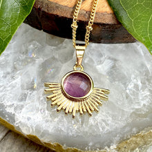 Load image into Gallery viewer, Amethyst Ray of Light Sunburst Intuition Sun Pendant 18” Gold Necklace