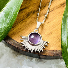 Load image into Gallery viewer, Amethyst Ray of Light Sunburst Intuition Sun Pendant 18” White Gold Necklace