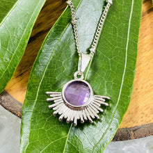Load image into Gallery viewer, Amethyst Ray of Light Sunburst Intuition Sun Pendant 18” White Gold Necklace