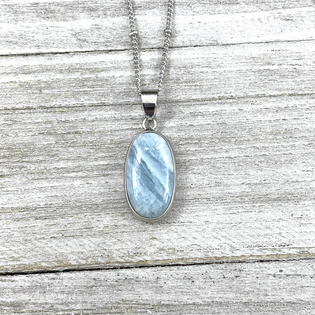 Aquamarine Calming Long Oval Pendant 18” White Gold Necklace