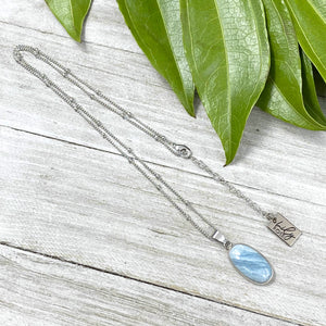 Aquamarine Calming Long Oval Pendant 18” White Gold Necklace