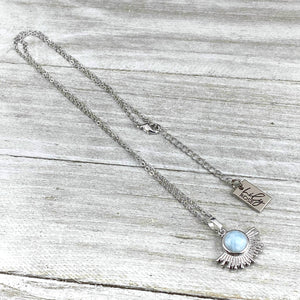 Aquamarine Ray of Light Sunburst Purity Sun Pendant 18” White Gold Necklace