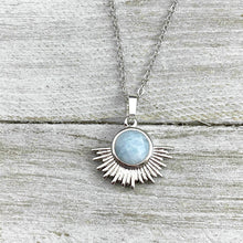 Load image into Gallery viewer, Aquamarine Ray of Light Sunburst Purity Sun Pendant 18” White Gold Necklace